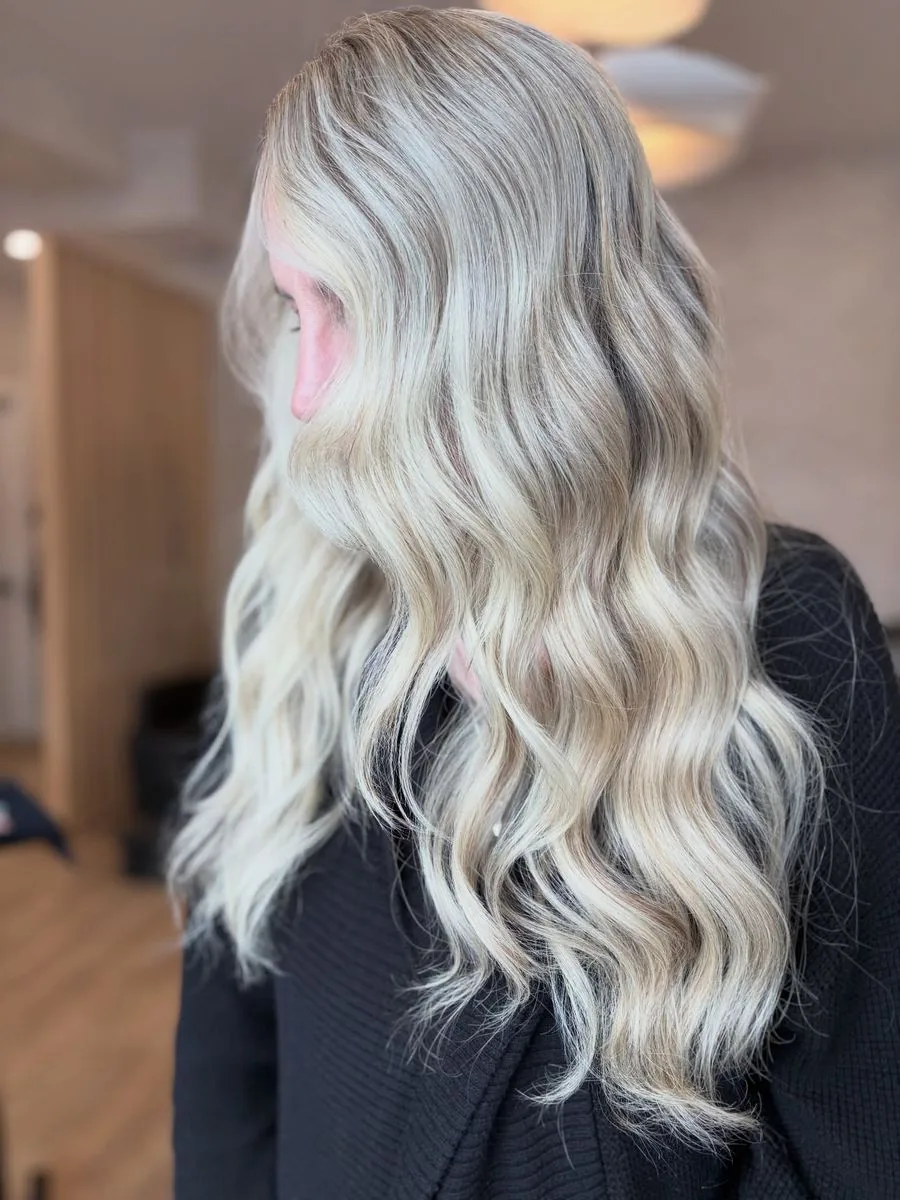 Bright blonde finished with an all over gloss, by Carly