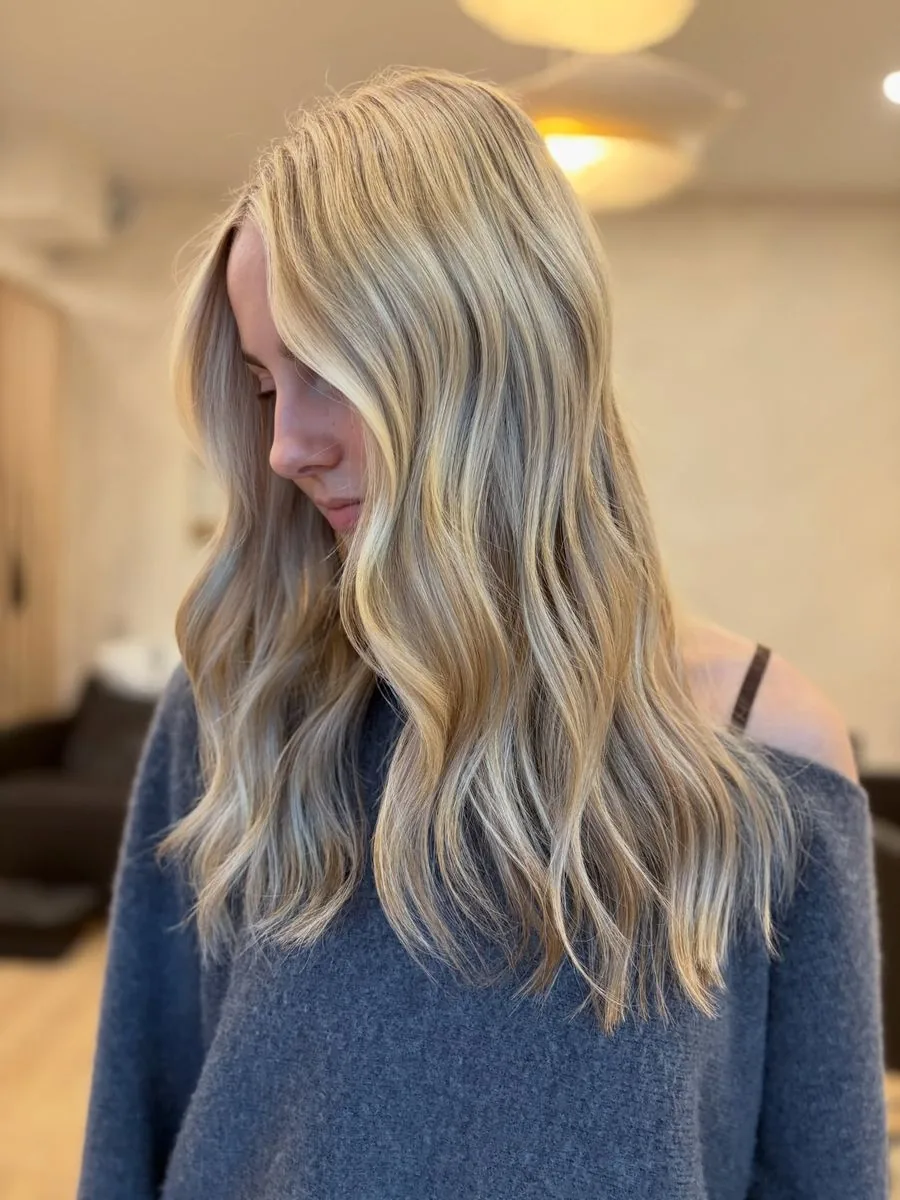 Glossy blonde with face-framing brightness, by Carly
