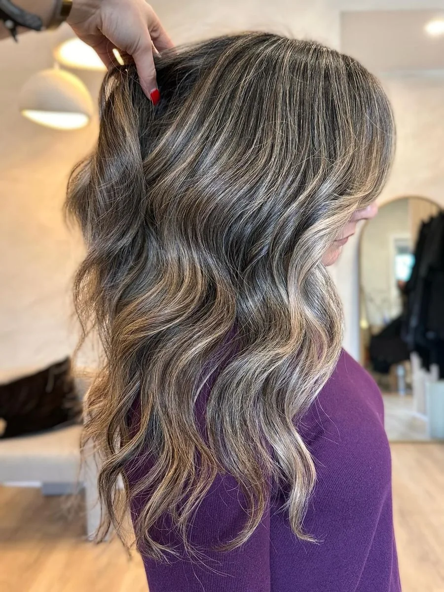 Grey blending highlights with bright pops around the face, by Sarah