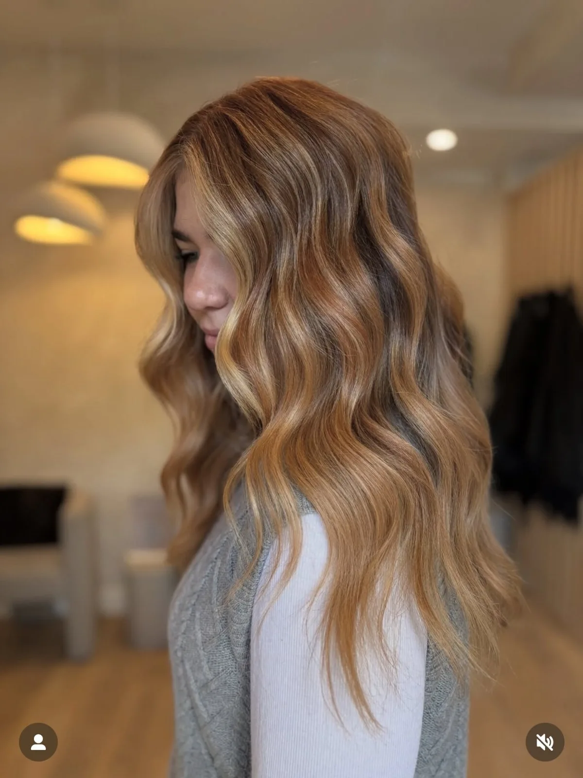 Strawberry blonde with soft waves, by Carly